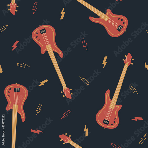 Seamless pattern with bass guitar and lightning on dark background. International Music Day. Vector musical instrument set. Doodle elements	