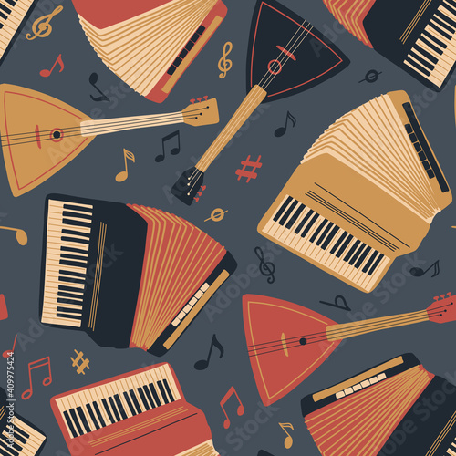 Seamless pattern with accordion, guitar, balalaika and sheet music. International Music Day. Vector musical instrument set. Doodle elements	
