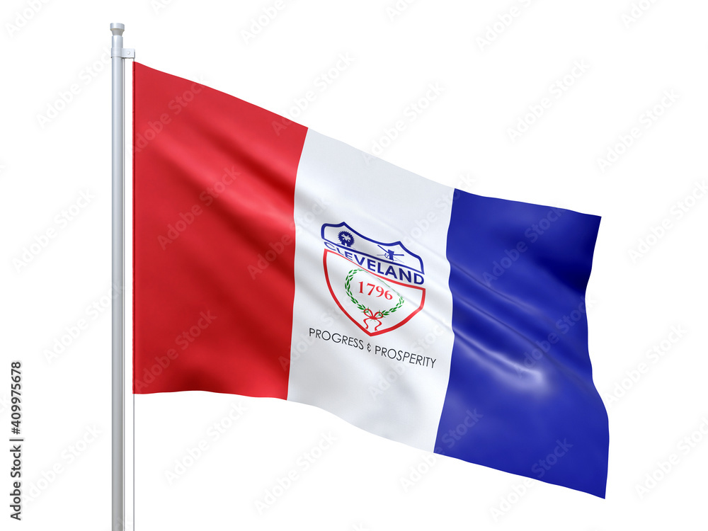Fototapeta premium Cleveland (city in Ohio state) flag waving on white background, close up, isolated. 3D render
