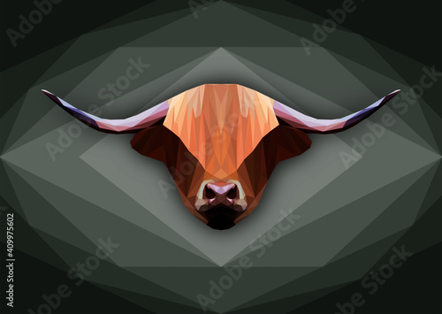 Geometrical illustration of a hairy highland cow head on a green background