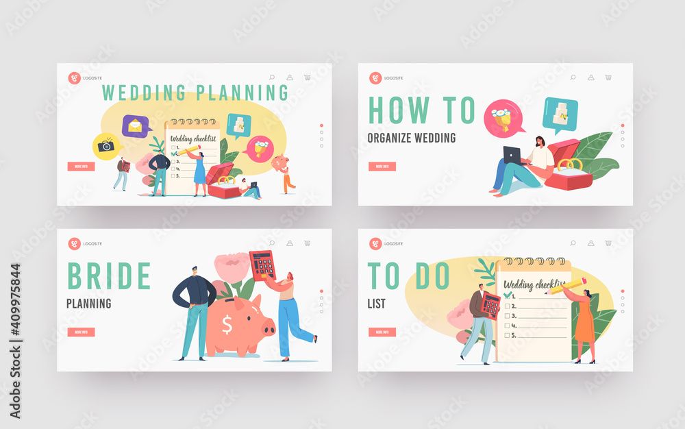 Couple Planning Wedding Landing Page Template Set. Tiny Loving Characters at Huge Planner Fill Checklist before Marriage Couple Planning Wedding Landing Page Template Set. Tiny Loving Characters at Huge Planner Fill Checklist before Marriage