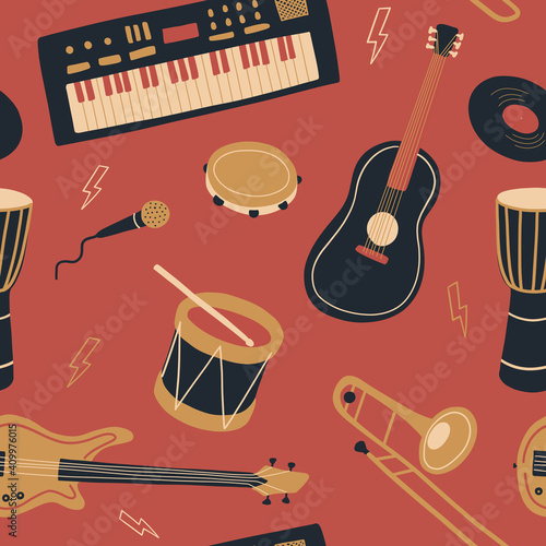 Seamless pattern with synthesizer or piano, tambourine, microphone, bass guitar, guitar, trombone, drums and lightning. International Music Day. Vector musical instrument set. Doodle elements	