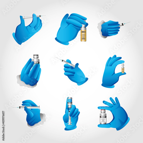 hands wearing rubber glove for treatment of influenza coronavirus or covid 19