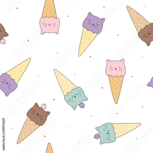Cats in ice cream cones vector seamless pattern. Funny kittens backdrop. Children's vector pattern.  For the design of textiles, fabric, wallpaper, wrapping paper.
