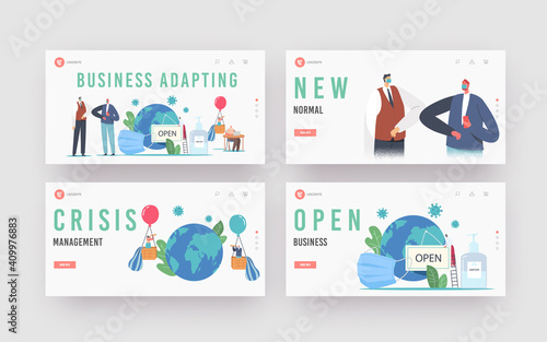 New Normal Changes in Business Landing Page Template Set. Businesspeople Characters in Mask Distancing, Adapting