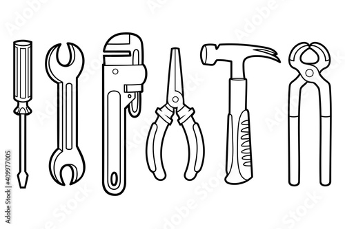 Black and white set of instruments - Hammer, Wrench, Screwdriver, Pliers, Pincers