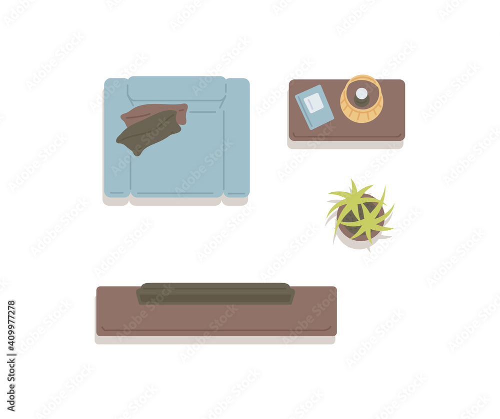 Top view on living room furniture with TV flat vector illustration isolated. Top view on living room furniture with TV flat vector illustration isolated.