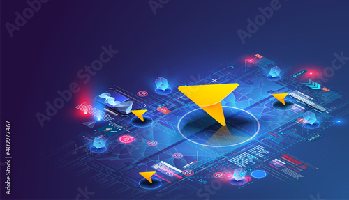 Smart city technology, tracking and building routes on the map, city. Map with navigation markers. Public transport locations screen. Wireless internet technologies, application and tracking concept