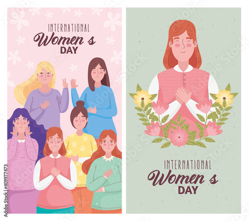 happy womens day letterings cards with group of girls and flowers vector illustration design