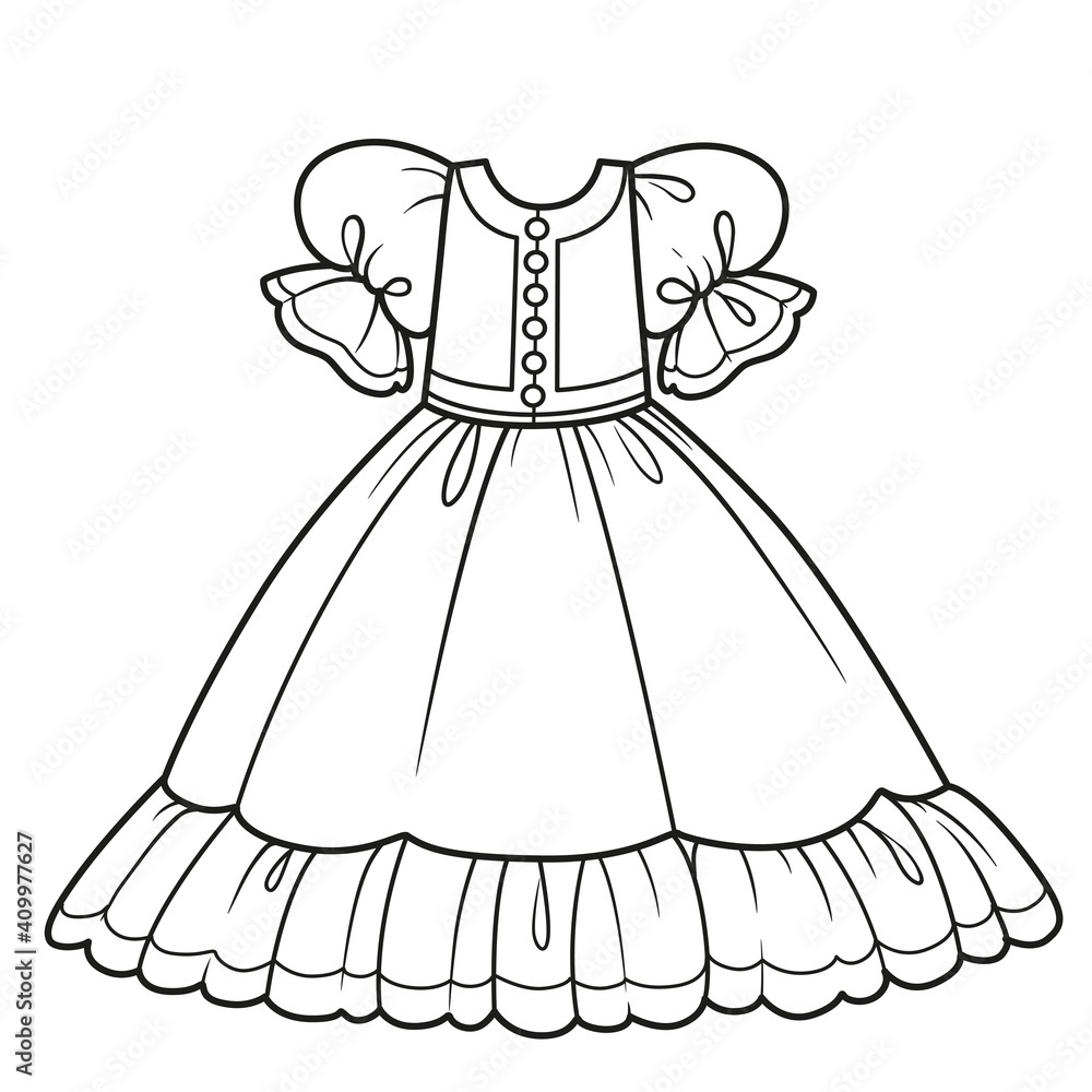 Fototapeta premium Ball gown with fluffy skirt for princess outfit outline for coloring on a white background