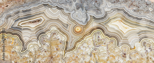 Macro photograph of the patterns in a laguna lace agate from Mexico