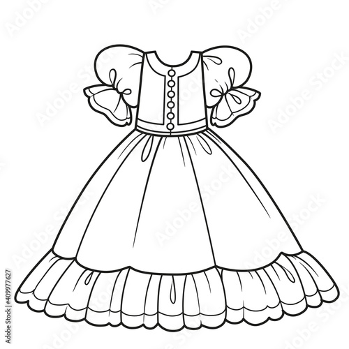 Ball gown with fluffy skirt for princess outfit outline for coloring on a white background