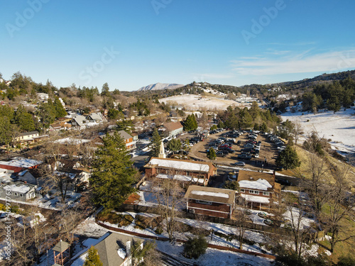 Aerial view of historic Downtown City of Julian during snow day. Famous for it's apple pies, and the Wilcox Building.California, USA