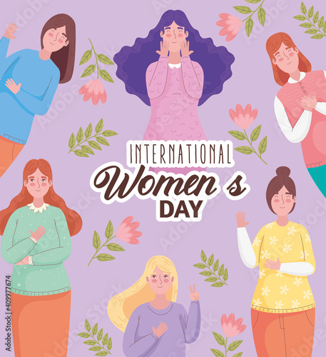 happy womens day lettering with group of girls and flowers vector illustration design