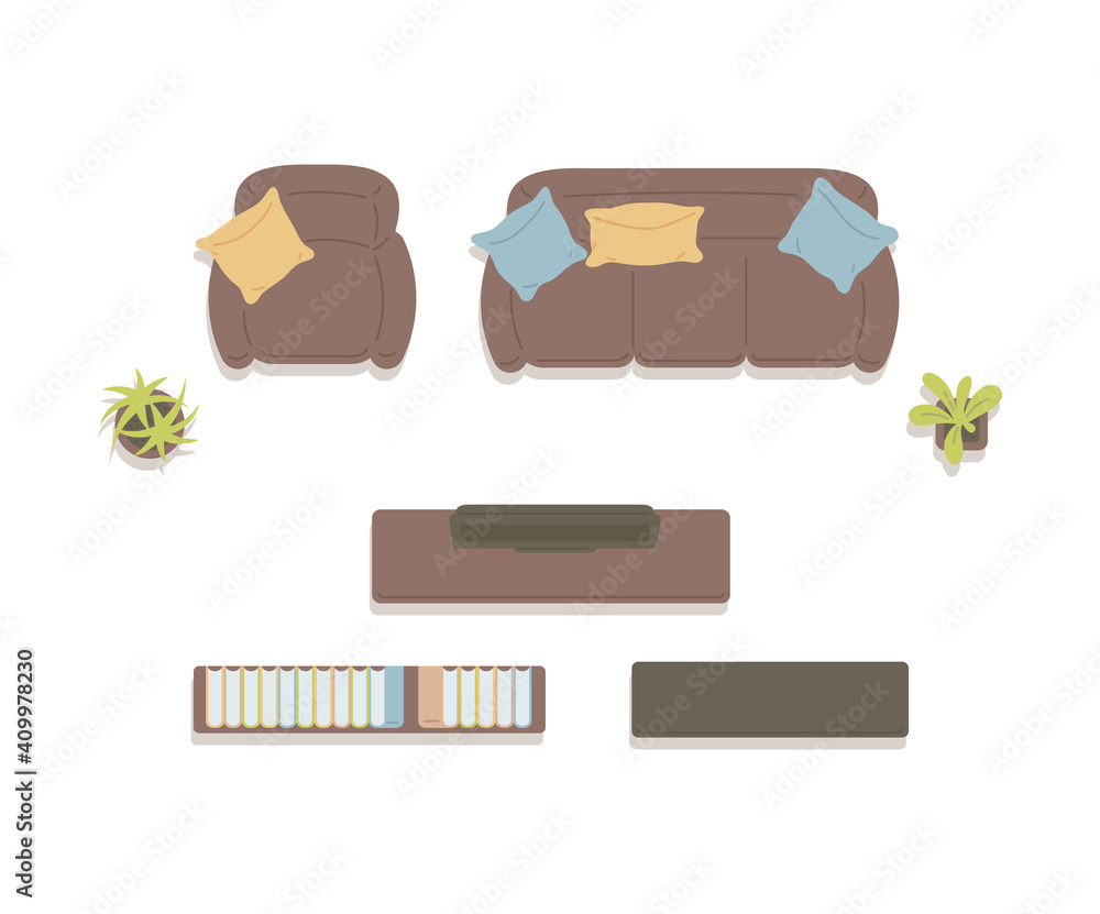 Icons of furniture top view for home living room a vector isolated illustration. Icons of furniture top view for home living room a vector isolated illustration.