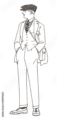 Stylish man from the 20s with hands in his pockets, wearing suit, cap and shoulder bag