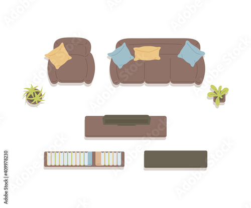 Icons of furniture top view for home living room a vector isolated illustration.