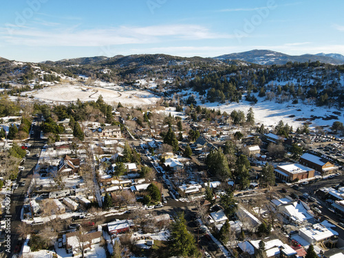 Aerial view of historic Downtown City of Julian during snow day. Famous for it's apple pies, and the Wilcox Building.California, USA