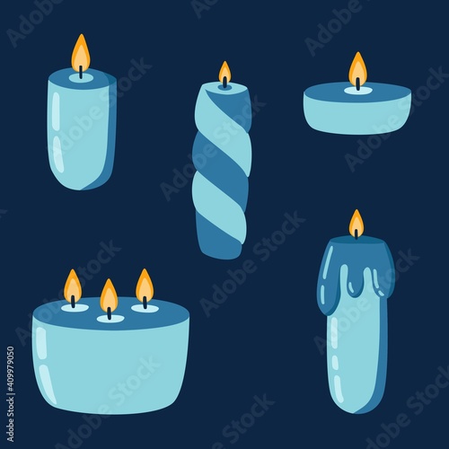 Set of candles with candlelight on dark background. Aromatic candles for spa, aromatherapy