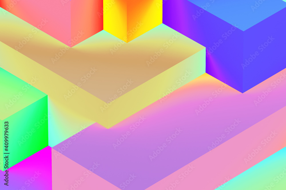 Abstract geometric cubic holographic colorful in neon lights background. isometric 3d render. Abstract geometric cubic holographic colorful in neon lights background. isometric 3d render.