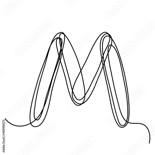 Continuous thin line letter M. vector illustration alphabet symbol with one line, minimalistic simple first letter name icon, logo
