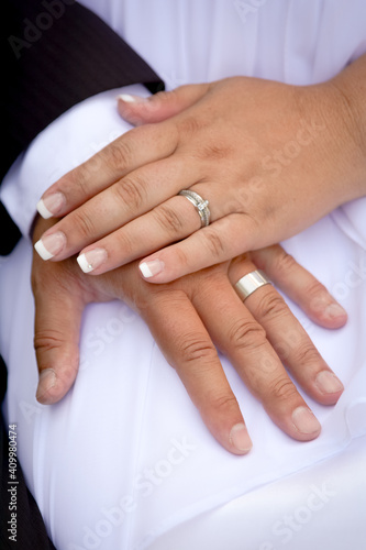 Wedding hands with rings, newly weds