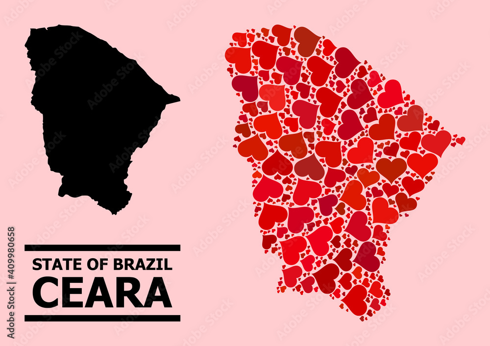 Love mosaic and solid map of Ceara state on a pink background. Collage map of Ceara state formed with red valentine hearts. Vector flat illustration for love abstract illustrations.