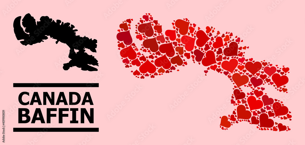 Love collage and solid map of Baffin Island on a pink background. Collage map of Baffin Island is designed with red love hearts. Vector flat illustration for dating conceptual illustrations. Love collage and solid map of Baffin Island on a pink background. Collage map of Baffin Island is designed with red love hearts. Vector flat illustration for dating conceptual illustrations.