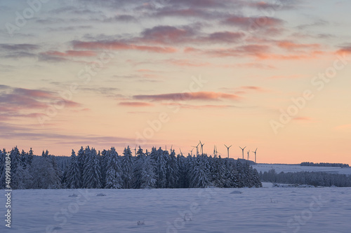 Fresh snow at sunset with beautiful dramatic sky in Eifel Nationalpark 