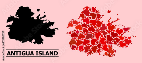 Love mosaic and solid map of Antigua Island on a pink background. Mosaic map of Antigua Island formed with red love hearts. Vector flat illustration for marriage concept illustrations.
