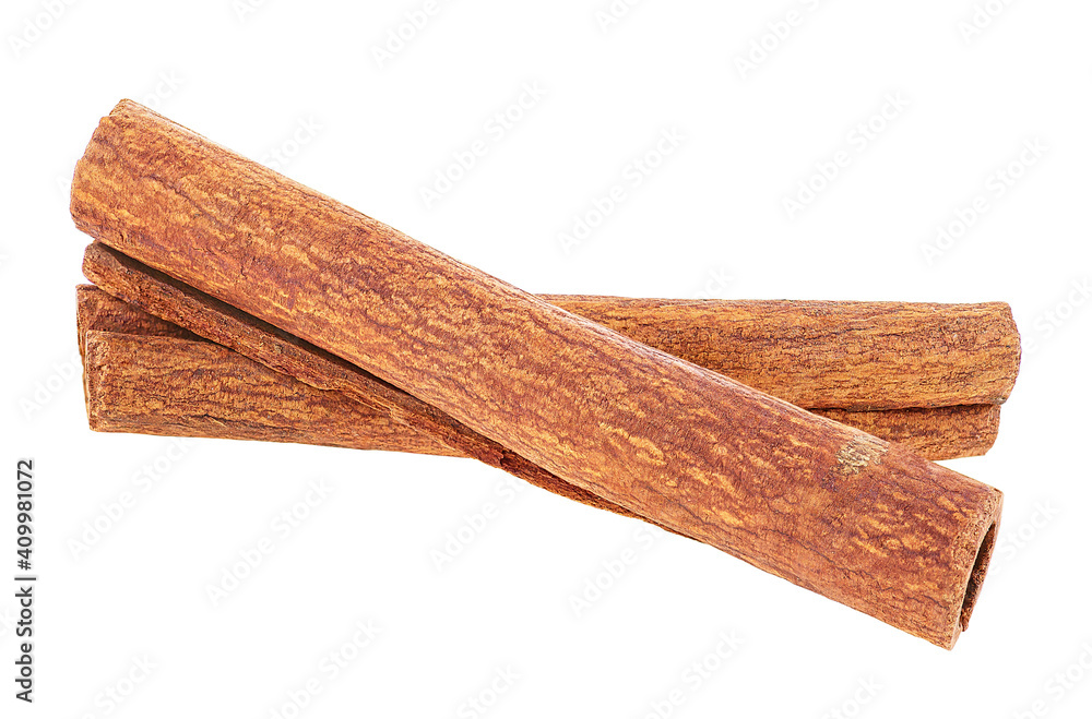 Two brown cinnamon sticks isolated on a white background. The image is a cut out.