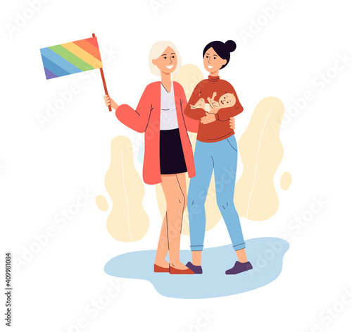 Lesbian parents couple holding baby and Pride flag, cartoon LGBT family