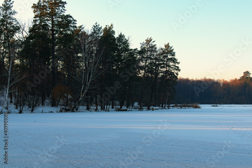 Amazing winter landscape of frozen pond in the forest. Evergreen wood and shore in snow. Winter season in the Pushcha-Vodytsia. Kyiv neighborhood, Ukraine