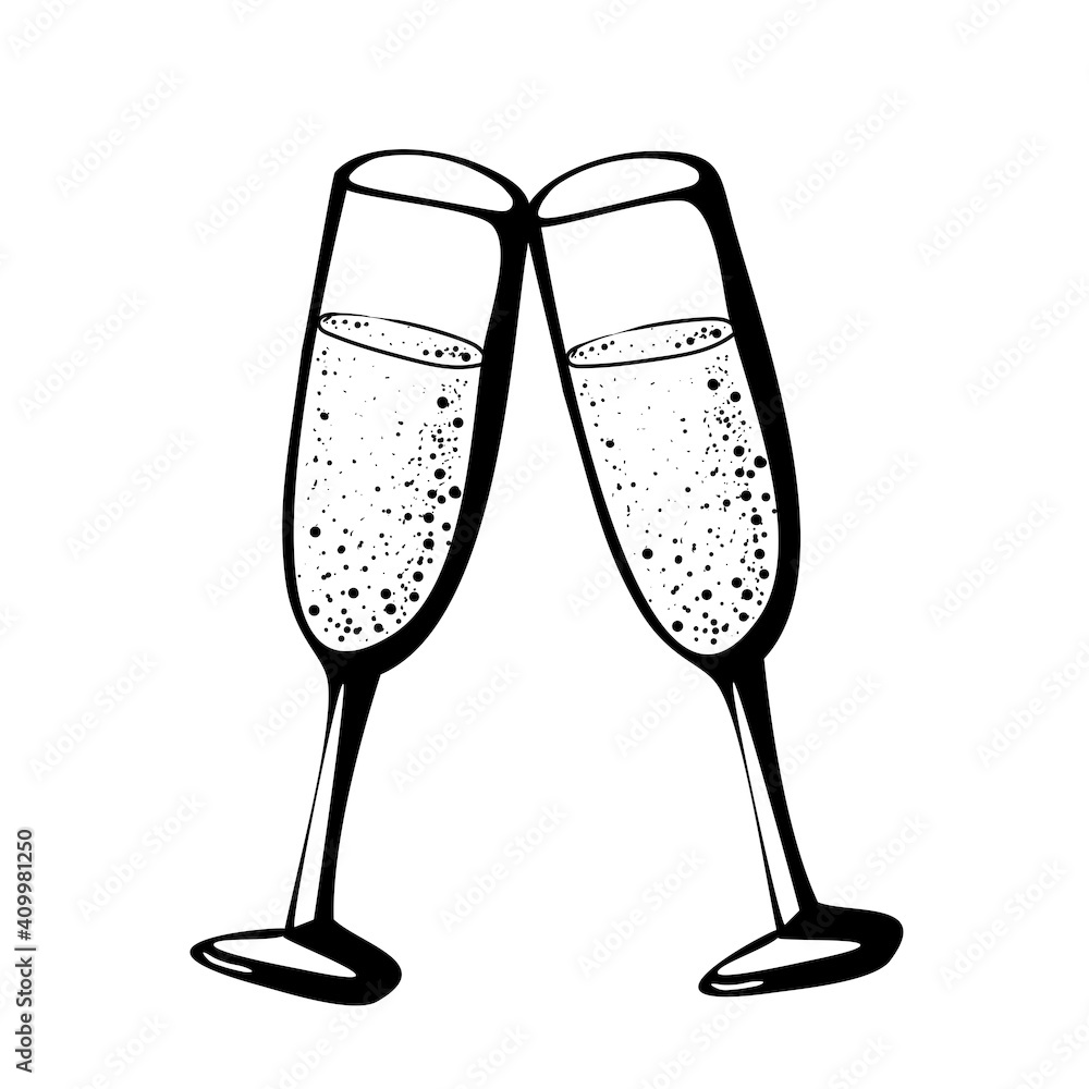 Vector doodle hand drawn sketch black ink illustration of two champagne glasses couple love anniversary valentines day celebration drink cheers on white background