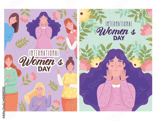happy womens day letterings with group of girls and flowers vector illustration design