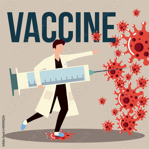physician with big syringe and vaccine prevents spread