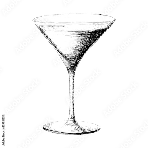 Vector monochrome hand drawn sketch style illustration of martini glass coctail wineglass isolated on white background.