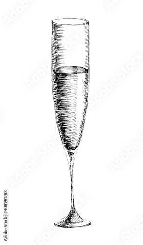 Vector monochrome hand drawn sketch illustration of champagne and wine wineglass isolated on white background.