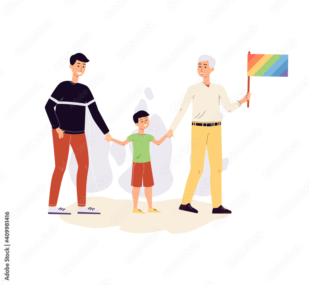 Obraz premium Male lgbt gay couple with kid boy a flat vector isolated illustration.