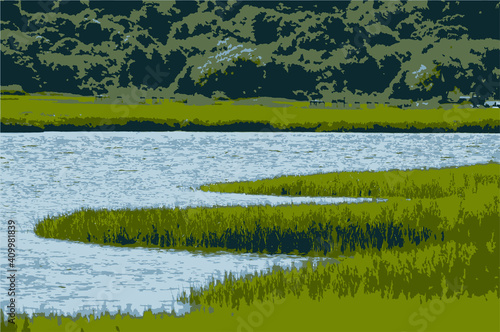 Vector illustration of South River Marsh with marsh grass river and trees
