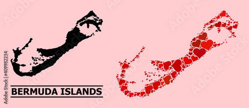 Love collage and solid map of Bermuda Islands on a pink background. Mosaic map of Bermuda Islands is created from red love hearts. Vector flat illustration for love conceptual illustrations.