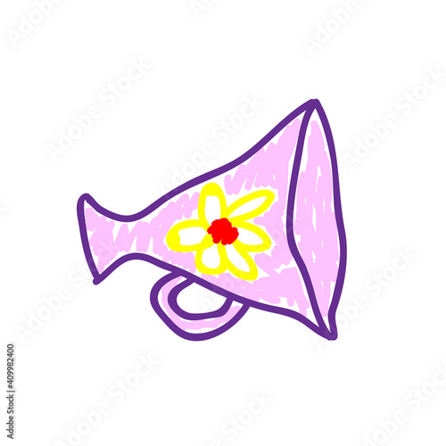 Pink megaphone in a deliberately childish style. Child drawing on white background. Sketch imitation painting felt-tip pen, marker. Toy cartoon fun design, advertising childish. Vector.