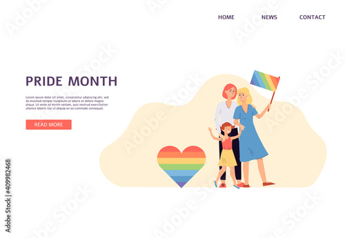 Female lgbt lesbian couple with kid girl a vector landing page template.