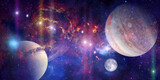 Space wallpaper banner background. Stunning view of a cosmic galaxy with planets and space objects. Elements of this image furnished by NASA.