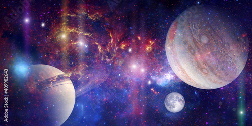 Space wallpaper banner background. Stunning view of a cosmic galaxy with planets and space objects. Elements of this image furnished by NASA.