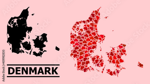 Love collage and solid map of Denmark on a pink background. Mosaic map of Denmark is composed with red love hearts. Vector flat illustration for love abstract illustrations.