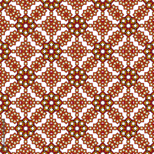 Bright oriental arabesque made of curly stars in reds and browns. Seamless pattern on a white background.