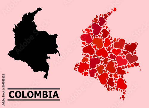 Love mosaic and solid map of Colombia on a pink background. Mosaic map of Colombia composed with red lovely hearts. Vector flat illustration for love concept illustrations.