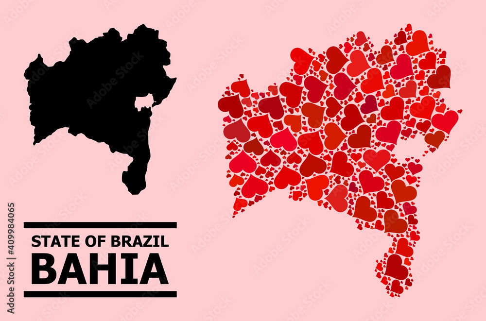 Love collage and solid map of Bahia State on a pink background. Collage map of Bahia State formed with red lovely hearts. Vector flat illustration for love concept illustrations.