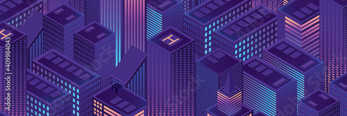 Isometric futuristic city vector illustration. Isometric urban megalopolis top view of the city and architecture 3d elements different buildings